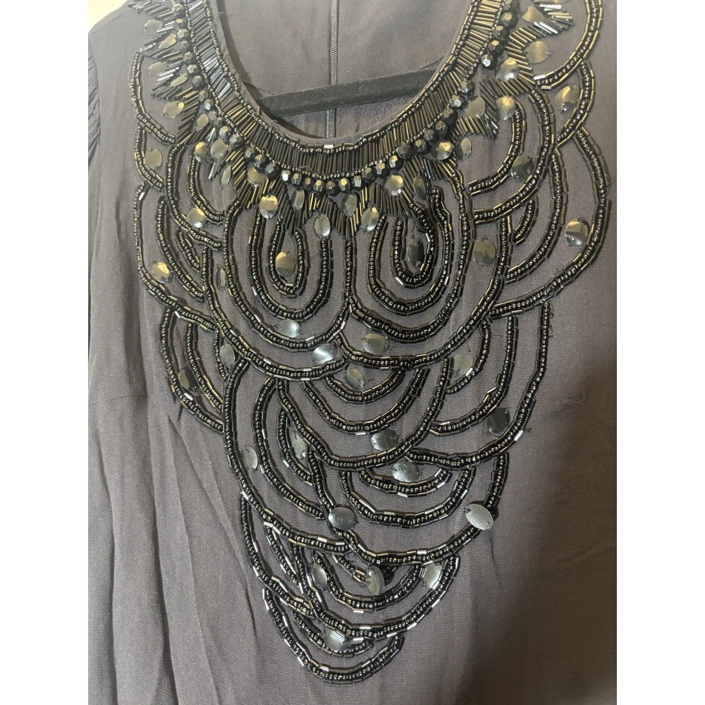 French Connection Beautiful Beaded Black Chiffon Dress Size 14 L34 - Picture 3 of 6